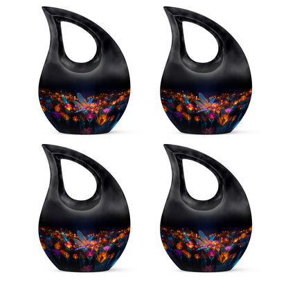 Midnight Black Dragonfly Cremation Urn lifestyle display on memorial shelf - faith-inspired cross-drop urn with dragonfly pattern - 10 inch aluminum urn for cremated remains