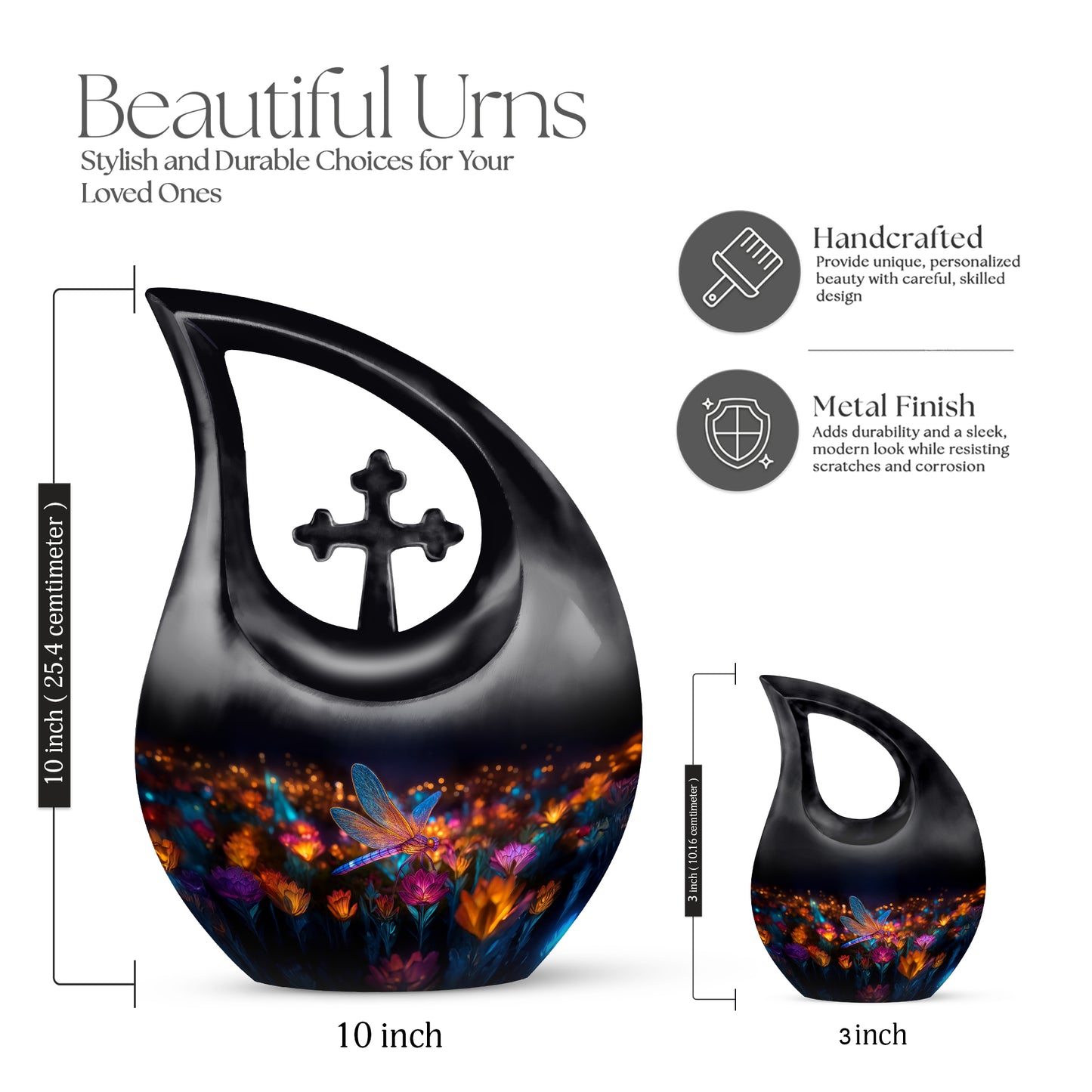 Charcoal Black Dragonfly Cremation Urn back view with polished surface - devotional cross-drop dragonfly engraving - mini keepsake memorial for portion of cremation ashes