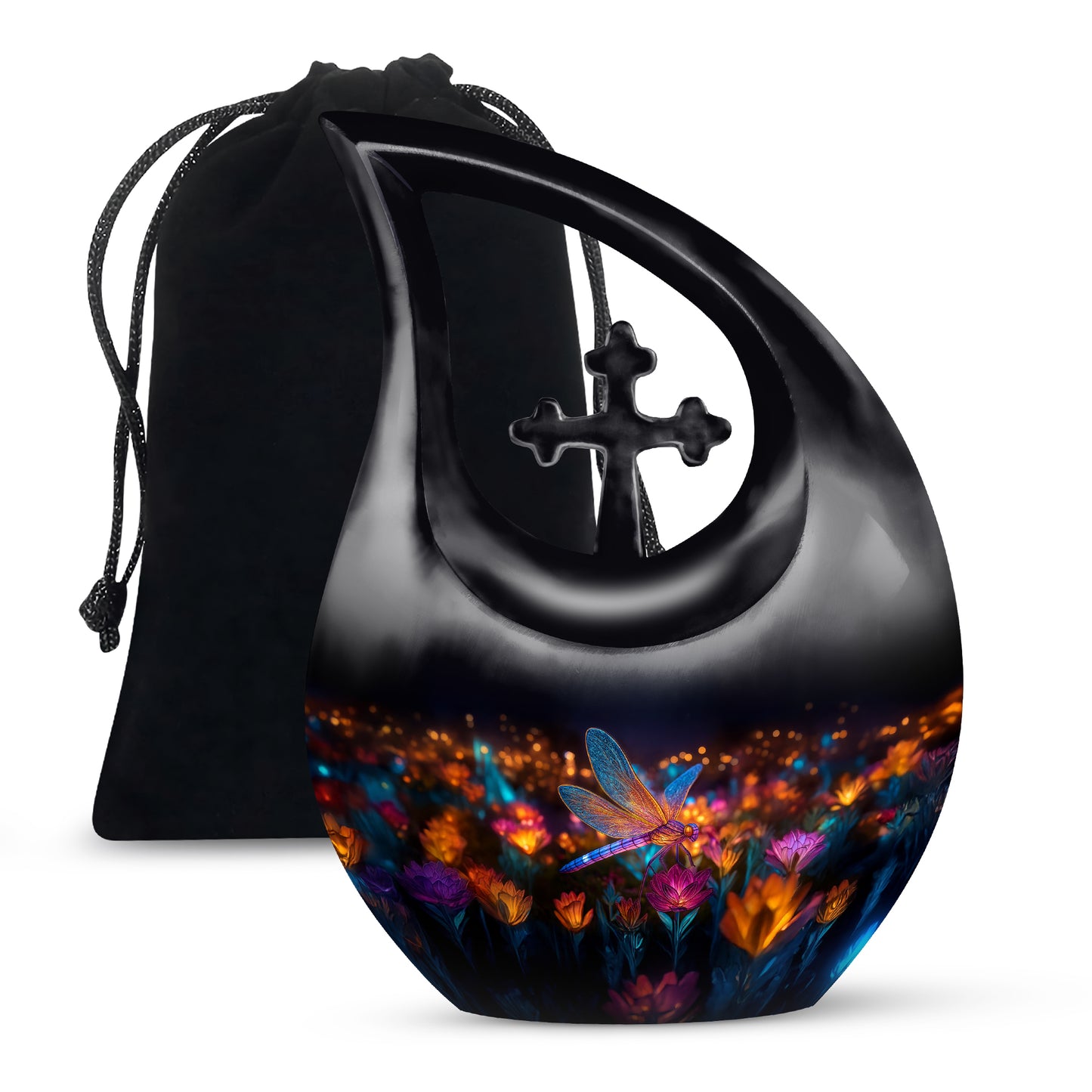 Glossy Black Dragonfly Cremation Urn top-down view of secure threaded lid - sacred cross merged with dragonfly motif on metal - full-size 10 inch 200 cubic inch adult cremation urn