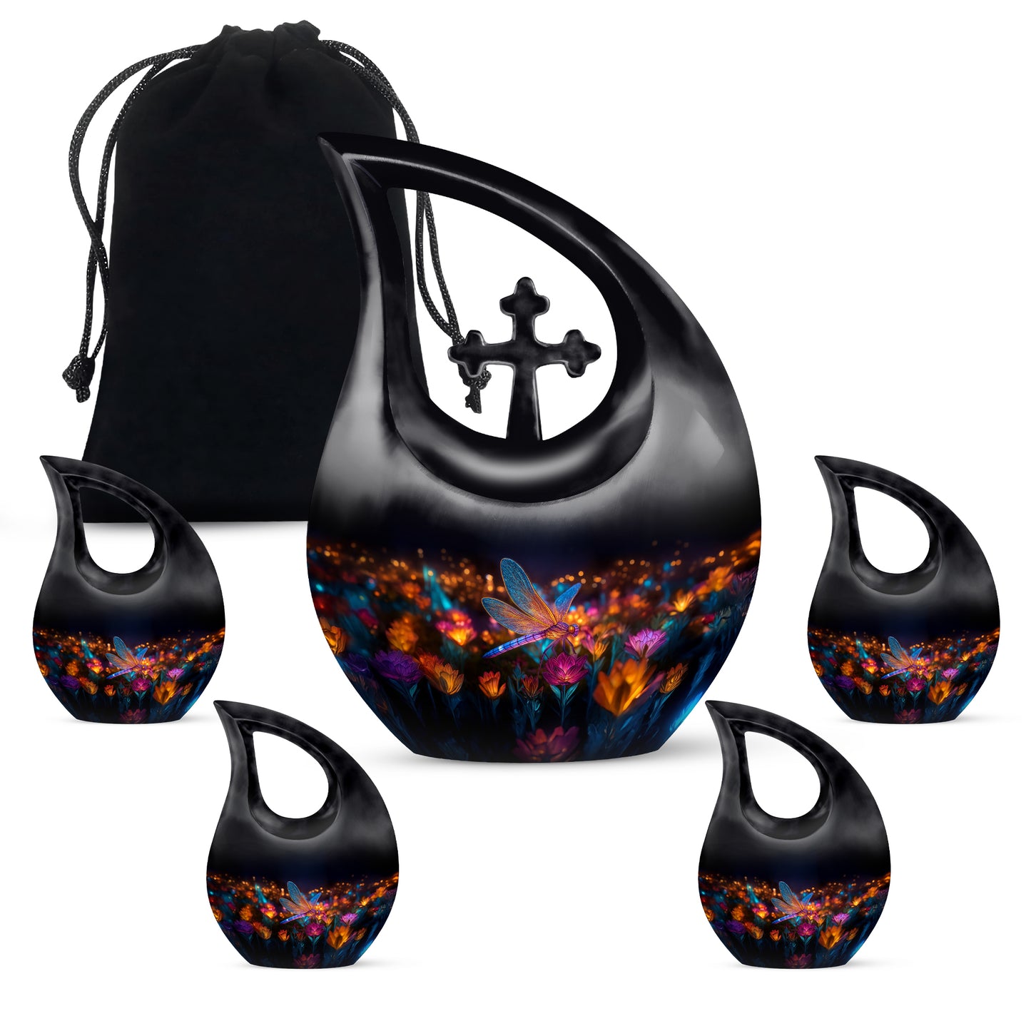 Charcoal Black Dragonfly Cremation Urn urn with complimentary velvet bag - faith-inspired cross-drop urn with dragonfly pattern - memorial set with one large and four small urns