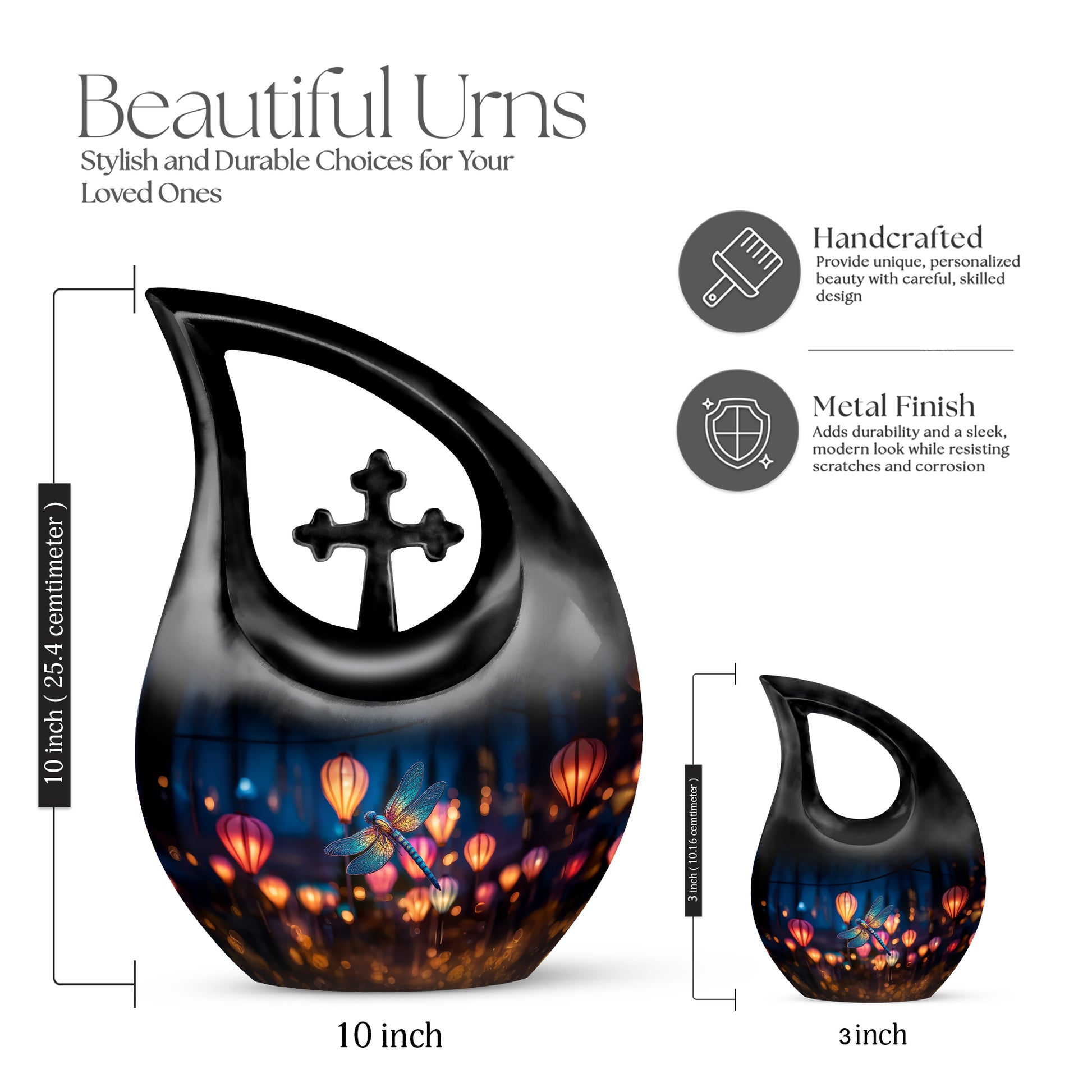 Serene Blue Dragonfly Cremation Urn back view with polished surface - faith-inspired cross-drop urn with dragonfly pattern - mini keepsake memorial for portion of cremation ashes