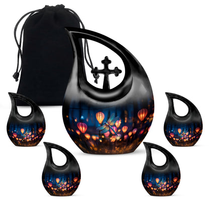 Steel Blue Dragonfly Cremation Urn urn with complimentary velvet bag - devotional cross-drop dragonfly engraving - memorial set with one large and four small urns