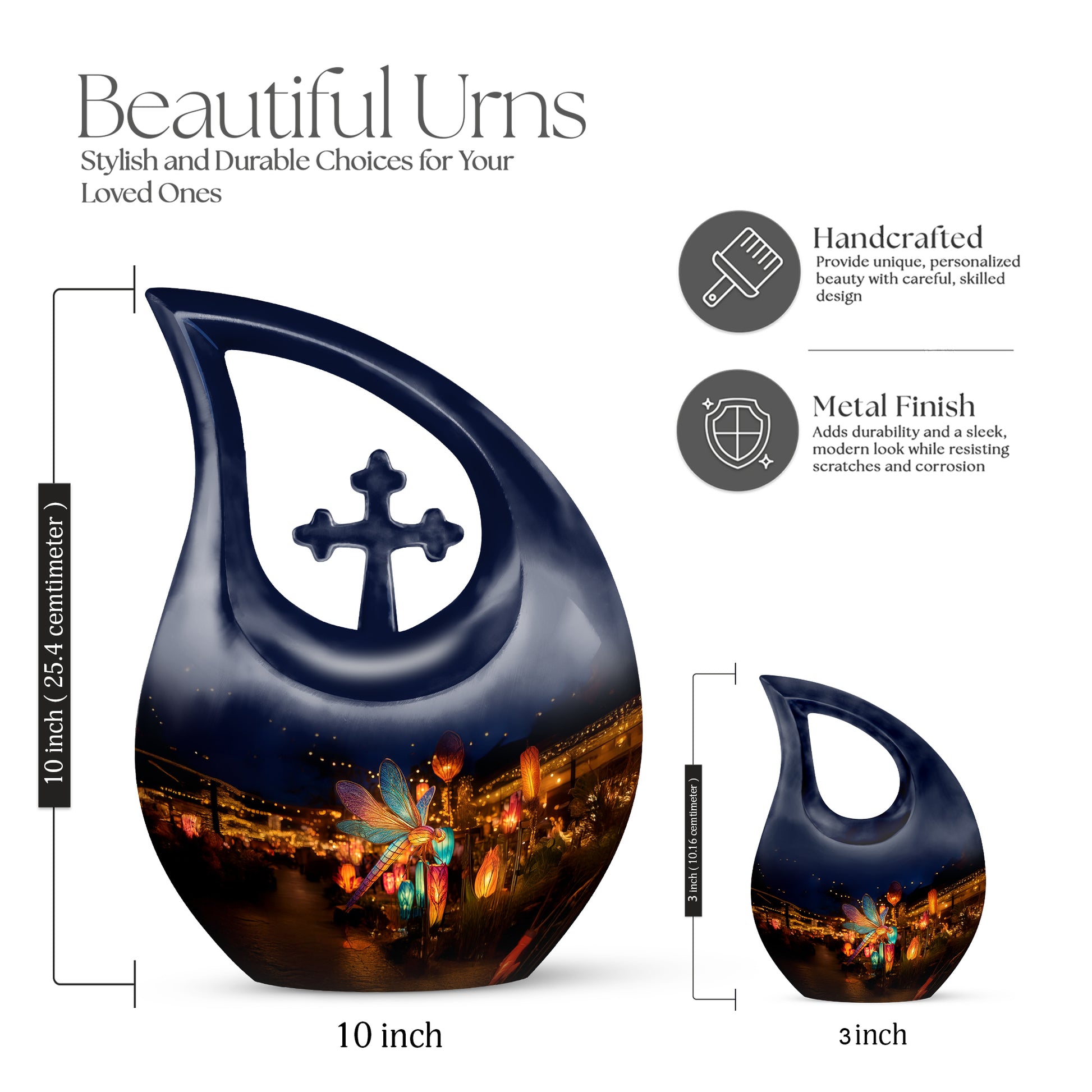 Powder Blue Dragonfly Cremation Urn back view with polished surface - cross and dragonfly combined in spiritual memorial design - mini keepsake memorial for portion of cremation ashes