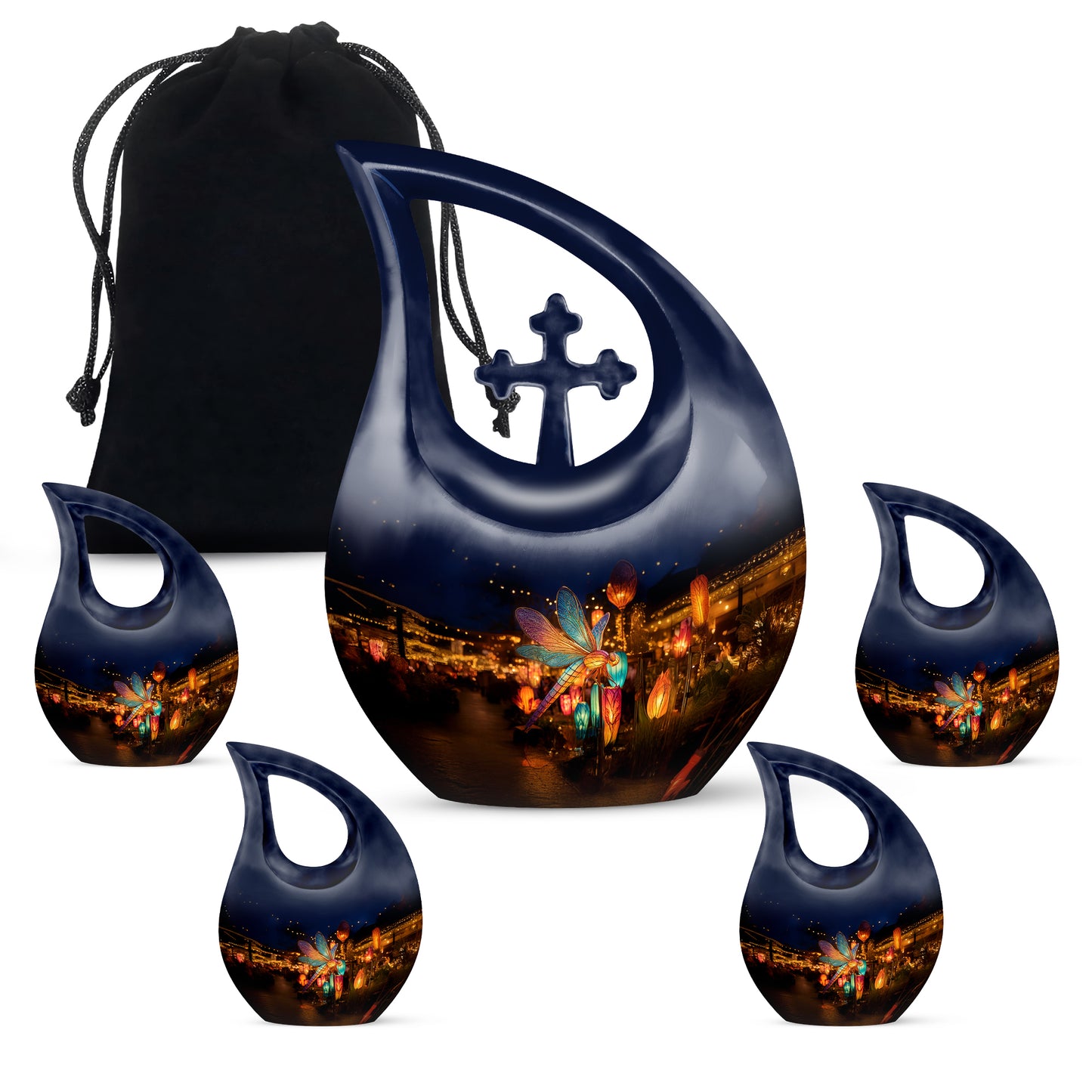 Celestial Blue Dragonfly Cremation Urn urn with complimentary velvet bag - cross and dragonfly combined in spiritual memorial design - memorial set with one large and four small urns