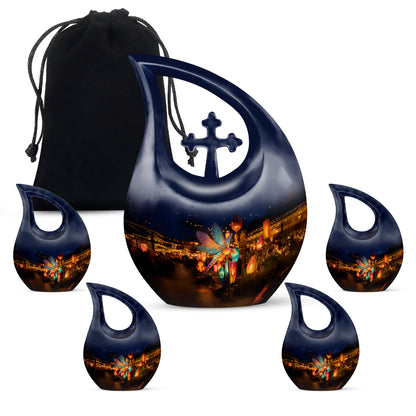 Celestial Blue Dragonfly Cremation Urn urn with complimentary velvet bag - cross and dragonfly combined in spiritual memorial design - memorial set with one large and four small urns