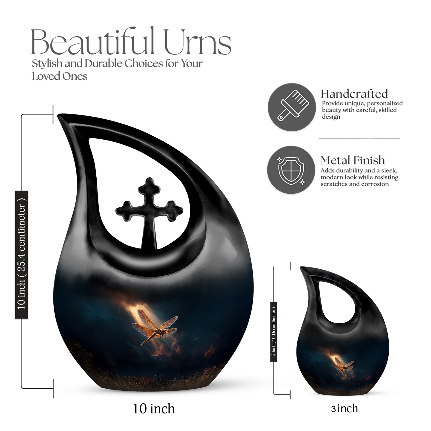 Dusty Blue Dragonfly Cremation Urn back view with polished surface - cross and dragonfly combined in spiritual memorial design - mini keepsake memorial for portion of cremation ashes