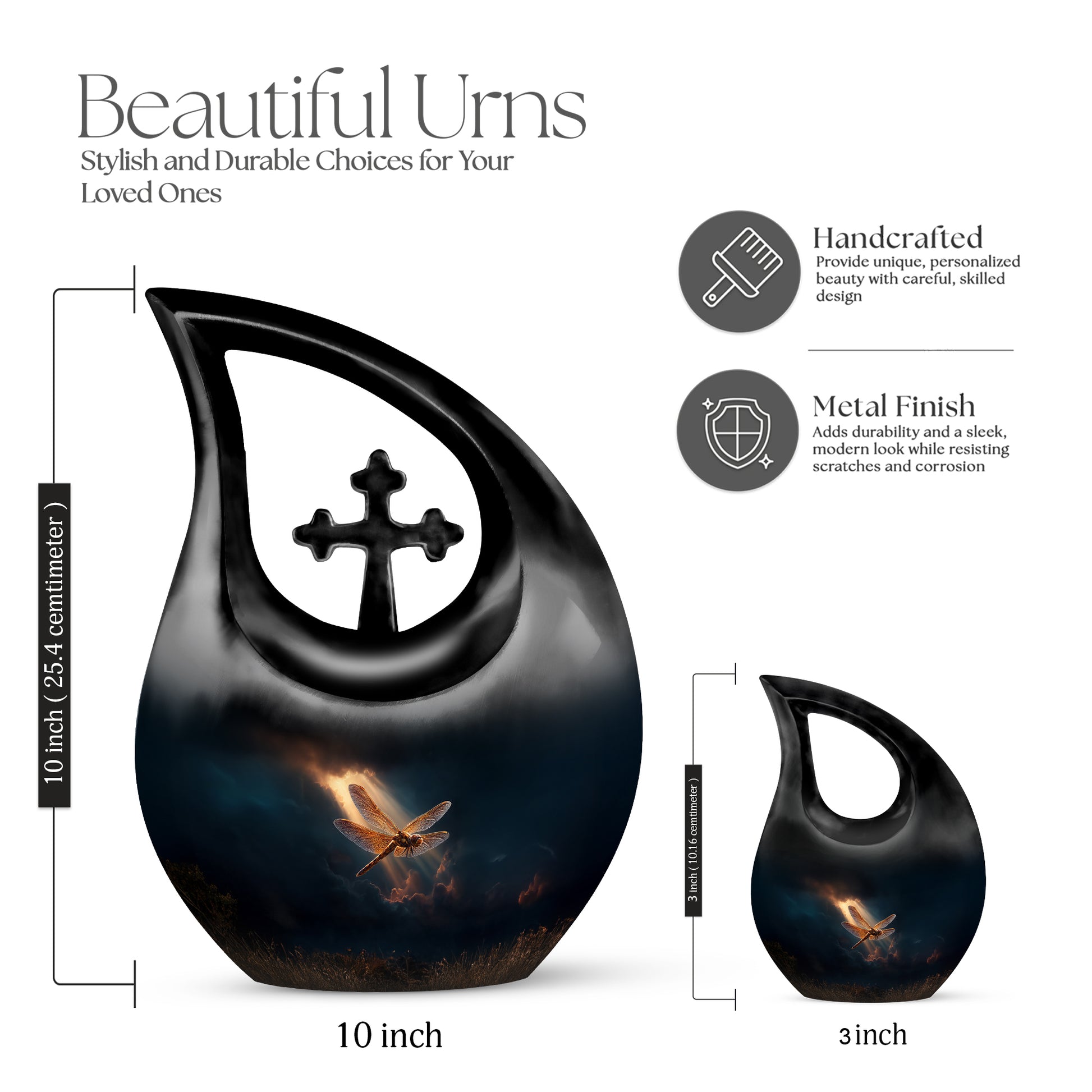 Dusty Blue Dragonfly Cremation Urn back view with polished surface - cross and dragonfly combined in spiritual memorial design - mini keepsake memorial for portion of cremation ashes