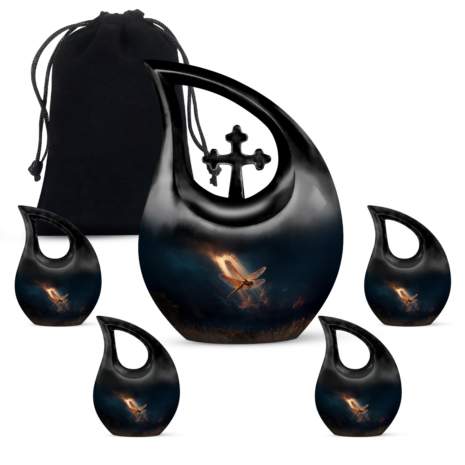 Slate Blue Dragonfly Cremation Urn urn with complimentary velvet bag - cross and dragonfly combined in spiritual memorial design - memorial set with one large and four small urns