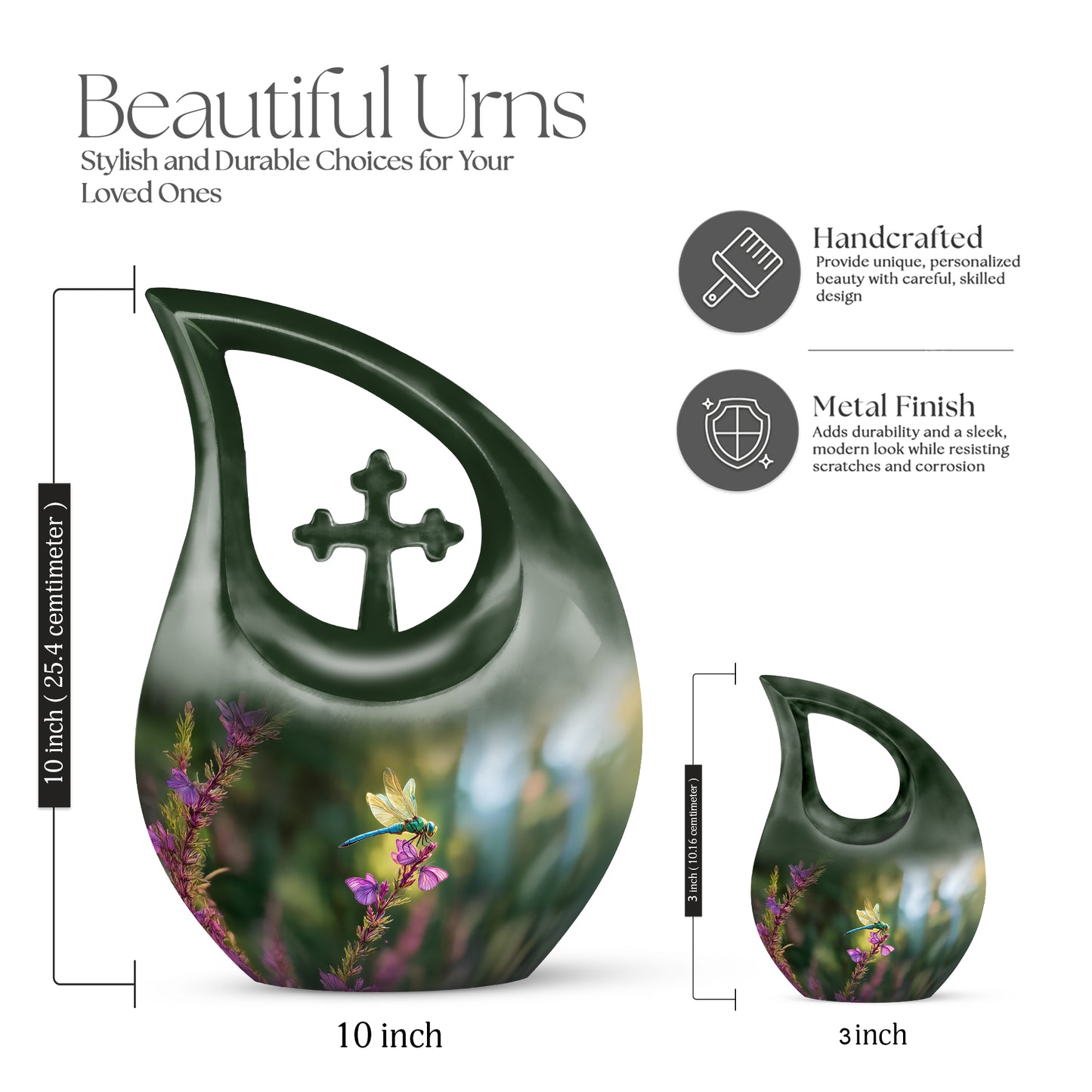 Pine Green Dragonfly Cremation Urn back view with polished surface - faith-inspired cross-drop urn with dragonfly pattern - mini keepsake memorial for portion of cremation ashes