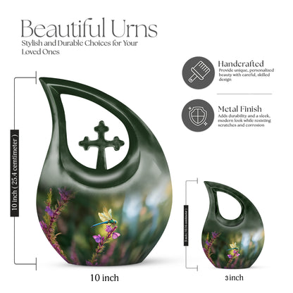 Pine Green Dragonfly Cremation Urn back view with polished surface - faith-inspired cross-drop urn with dragonfly pattern - mini keepsake memorial for portion of cremation ashes