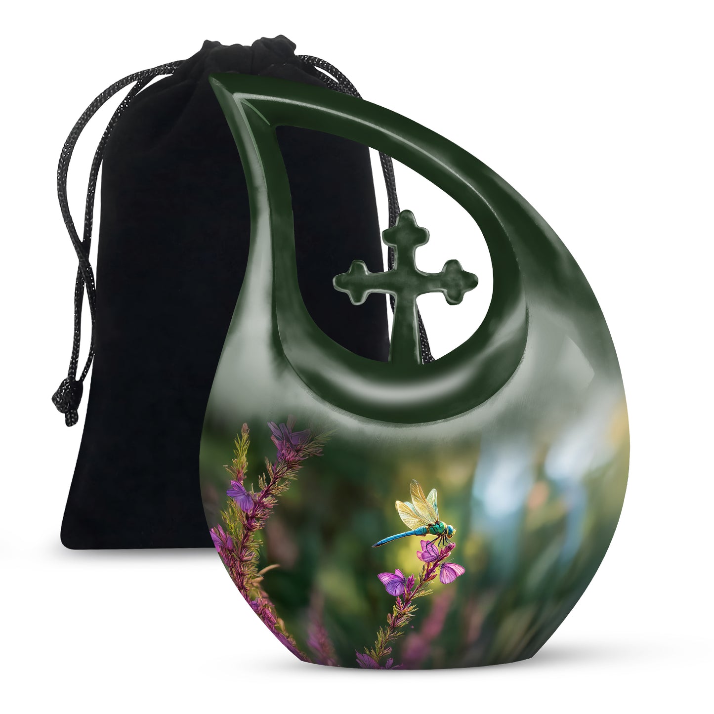 Sage Green Dragonfly Cremation Urn top-down view of secure threaded lid - sacred cross merged with dragonfly motif on metal - full-size 10 inch 200 cubic inch adult cremation urn
