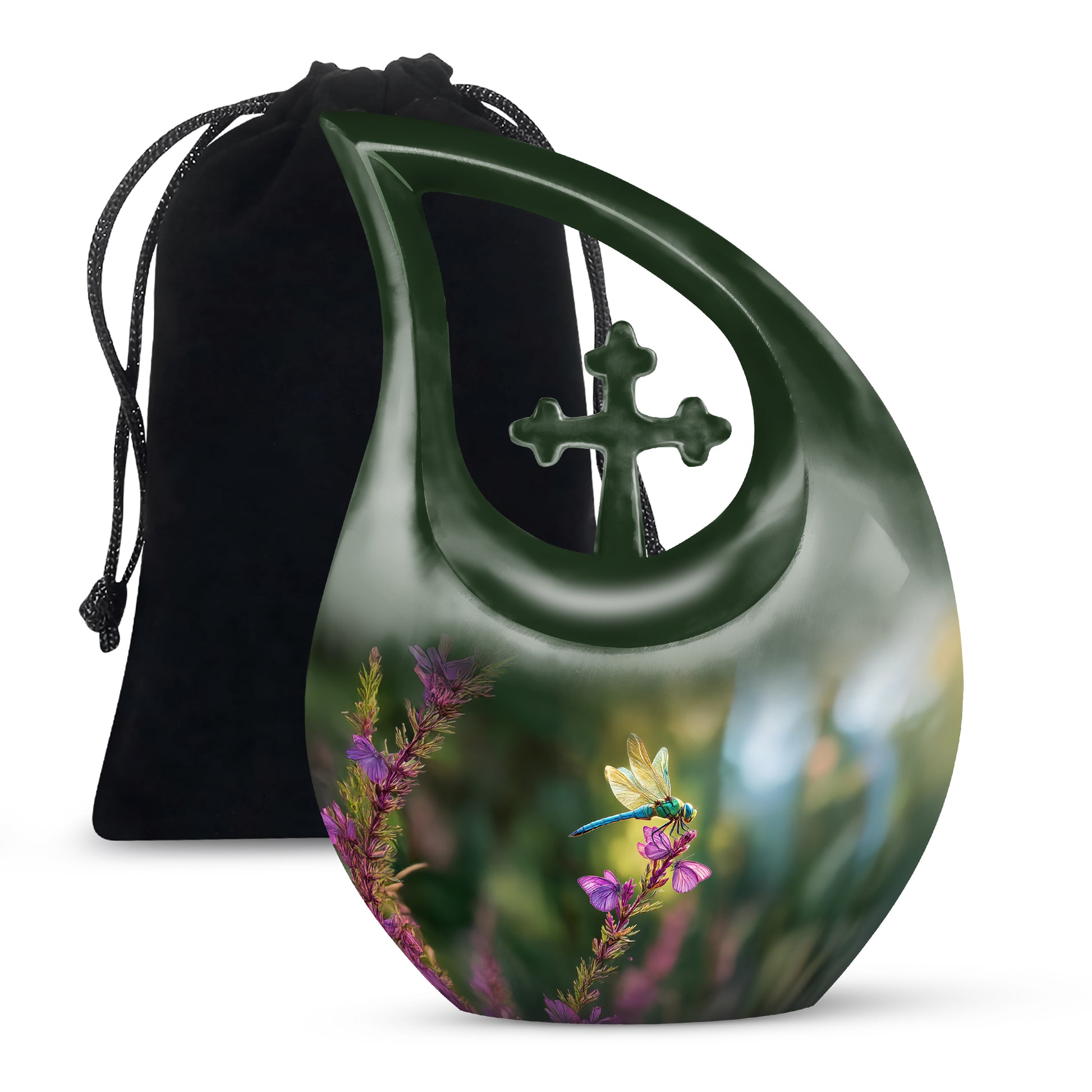 Sage Green Dragonfly Cremation Urn top-down view of secure threaded lid - sacred cross merged with dragonfly motif on metal - full-size 10 inch 200 cubic inch adult cremation urn