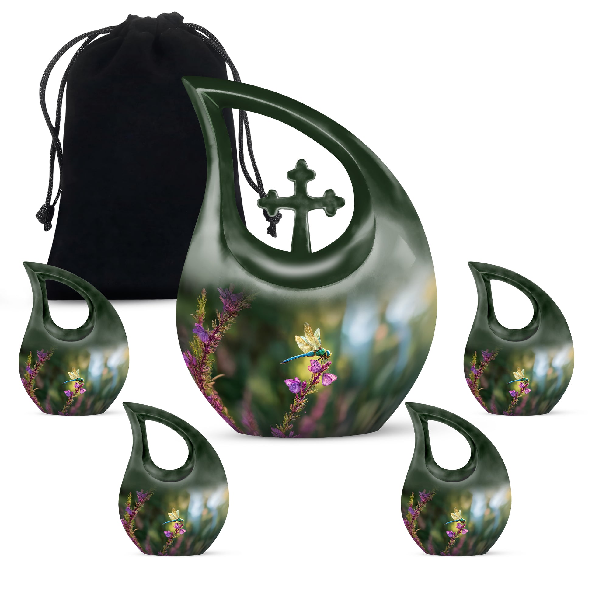 Hunter Green Dragonfly Cremation Urn urn with complimentary velvet bag - faith-inspired cross-drop urn with dragonfly pattern - memorial set with one large and four small urns