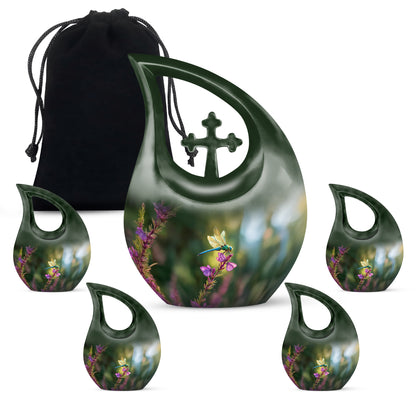 Hunter Green Dragonfly Cremation Urn urn with complimentary velvet bag - faith-inspired cross-drop urn with dragonfly pattern - memorial set with one large and four small urns