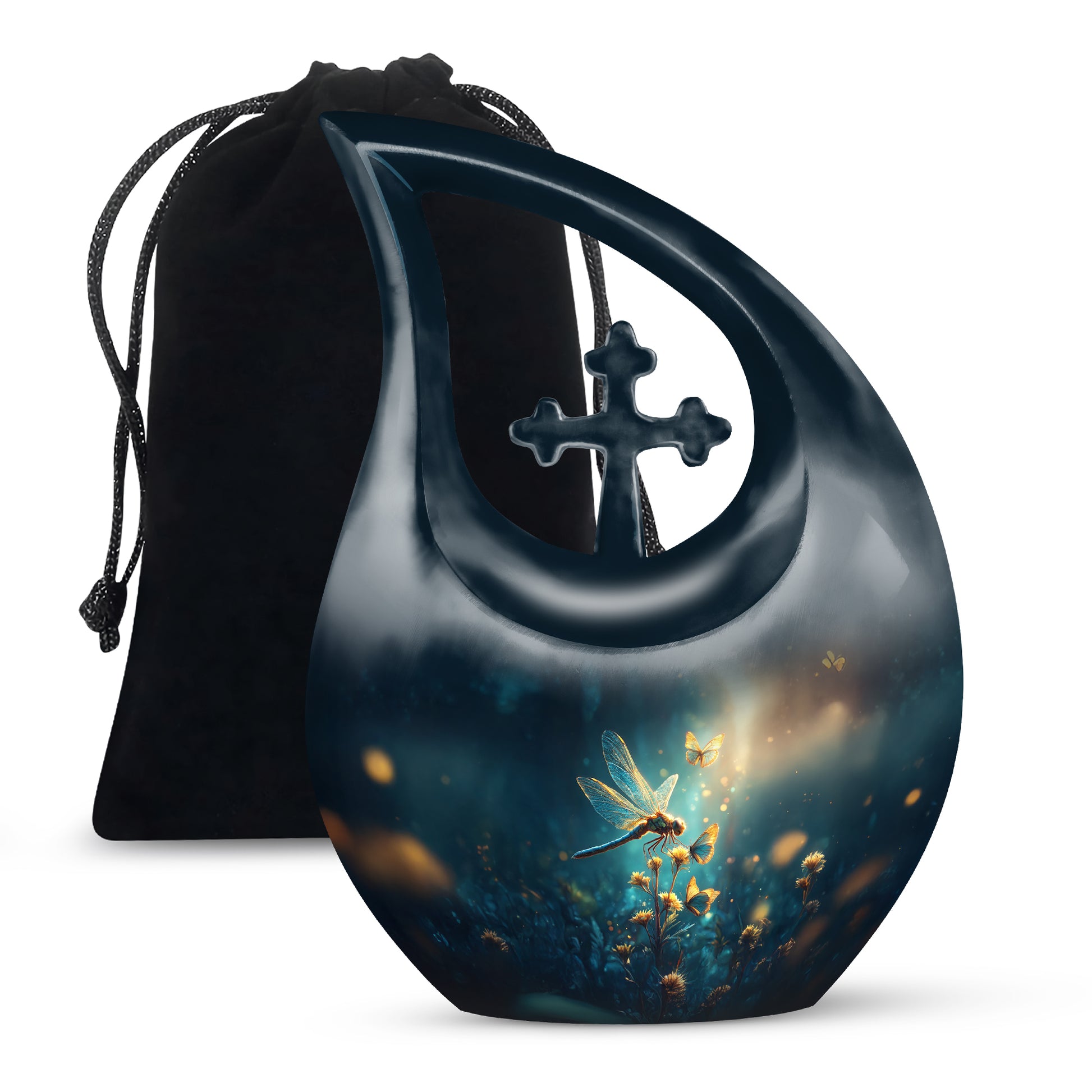 Misty Blue Dragonfly Cremation Urn top-down view of secure threaded lid - sacred cross merged with dragonfly motif on metal - full-size 10 inch 200 cubic inch adult cremation urn