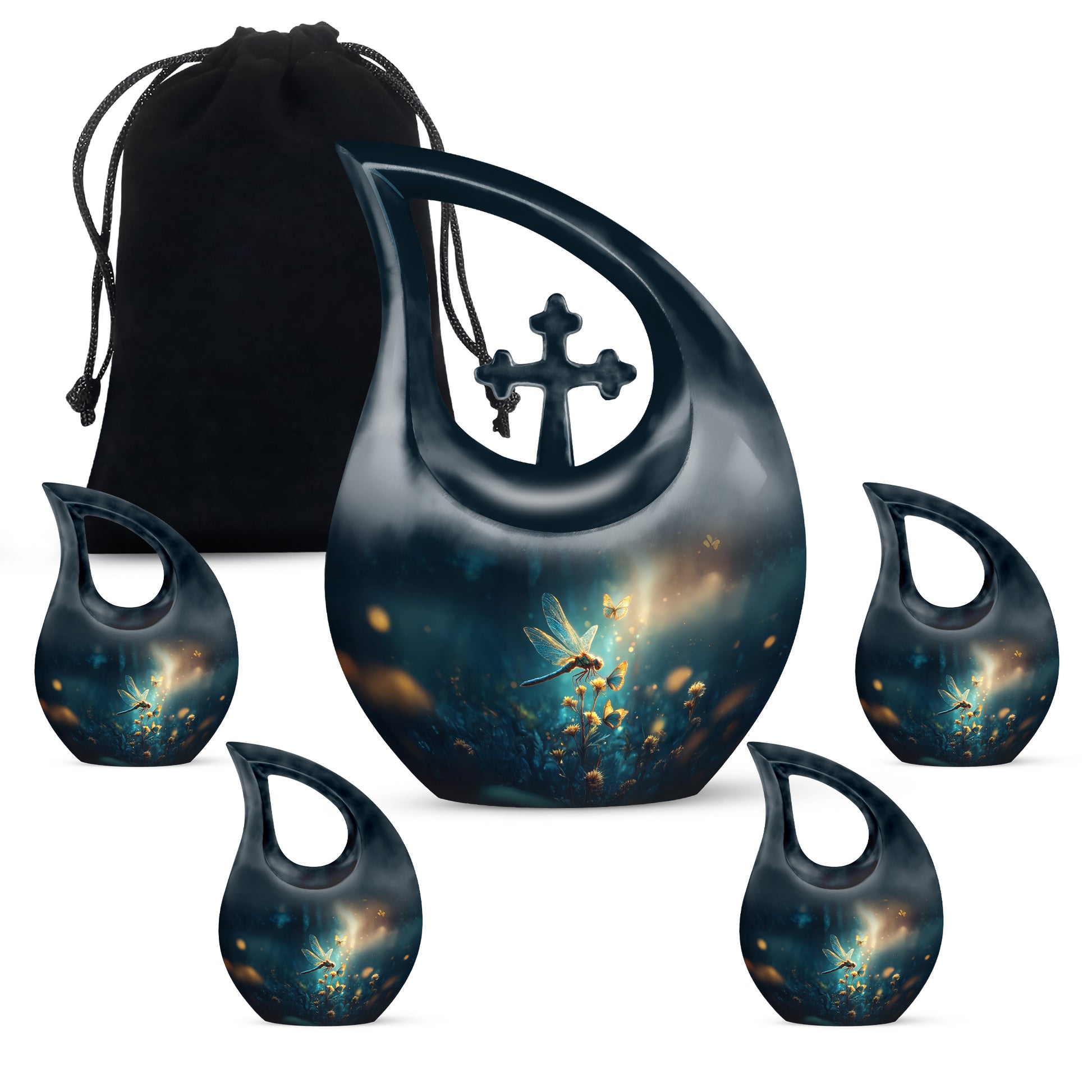 Sky Blue Dragonfly Cremation Urn urn with complimentary velvet bag - sacred cross merged with dragonfly motif on metal - memorial set with one large and four small urns