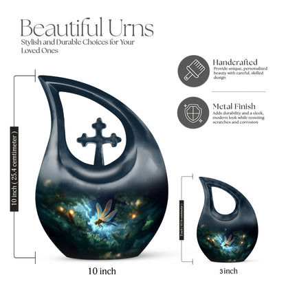 Soft Blue Dragonfly Cremation Urn back view with polished surface - devotional cross-drop dragonfly engraving - mini keepsake memorial for portion of cremation ashes