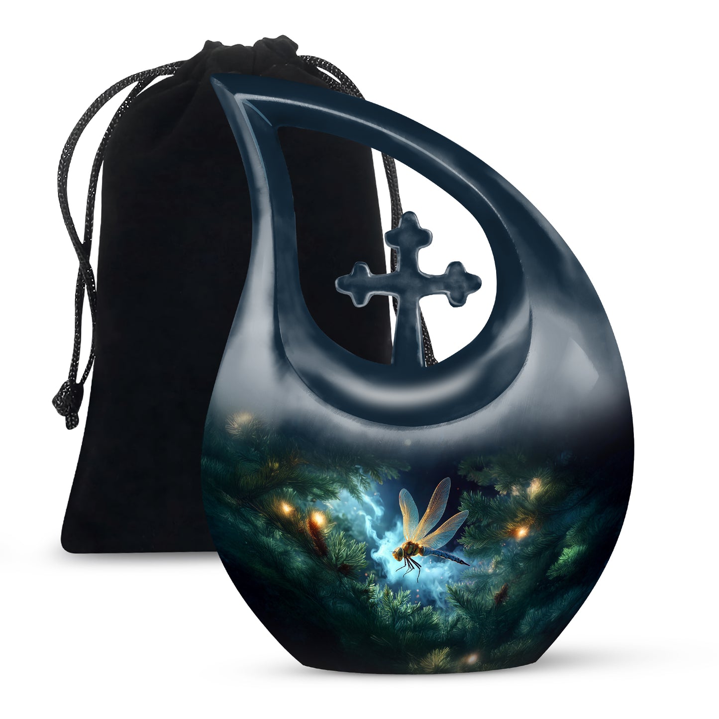 Indigo Dragonfly Cremation Urn top-down view of secure threaded lid - cross and dragonfly combined in spiritual memorial design - full-size 10 inch 200 cubic inch adult cremation urn