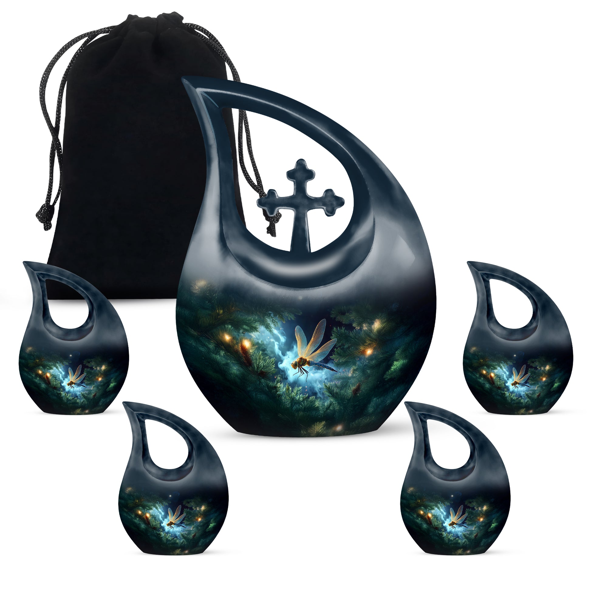 Slate Blue Dragonfly Cremation Urn urn with complimentary velvet bag - sacred cross merged with dragonfly motif on metal - memorial set with one large and four small urns