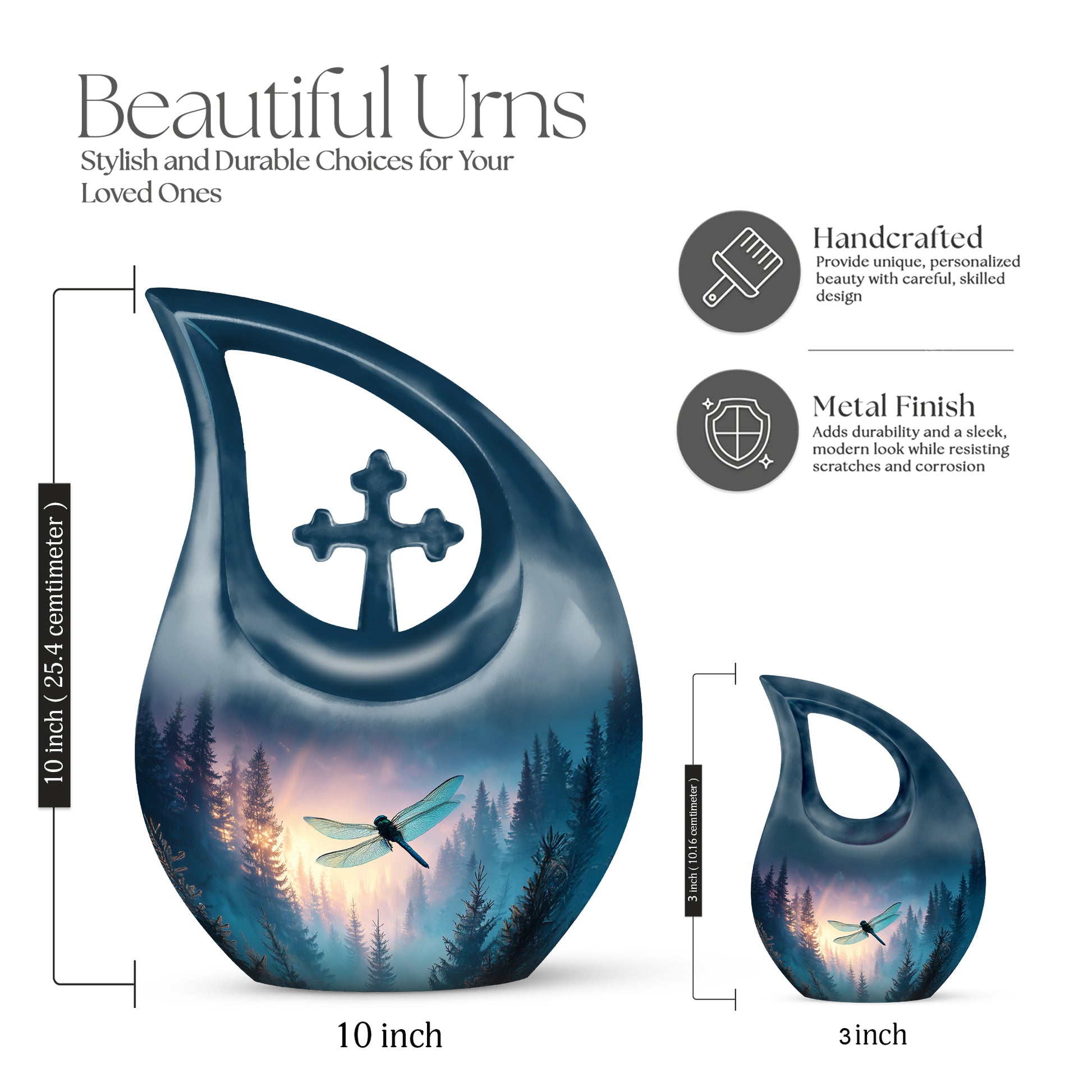 Dusty Blue Dragonfly Cremation Urn back view with polished surface - cross and dragonfly combined in spiritual memorial design - mini keepsake memorial for portion of cremation ashes