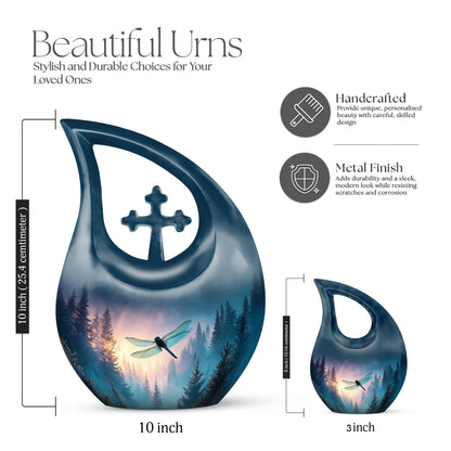 Dusty Blue Dragonfly Cremation Urn back view with polished surface - cross and dragonfly combined in spiritual memorial design - mini keepsake memorial for portion of cremation ashes