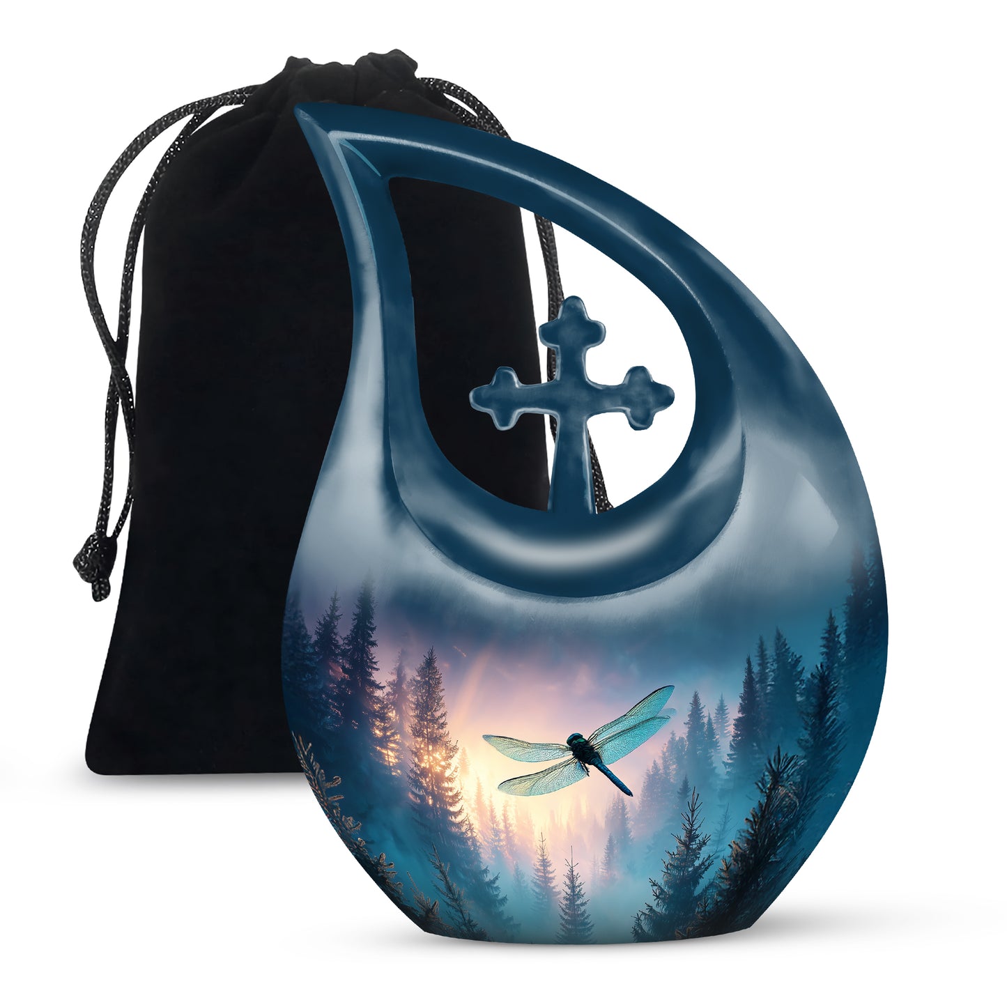 Powder Blue Dragonfly Cremation Urn top-down view of secure threaded lid - sacred cross merged with dragonfly motif on metal - full-size 10 inch 200 cubic inch adult cremation urn