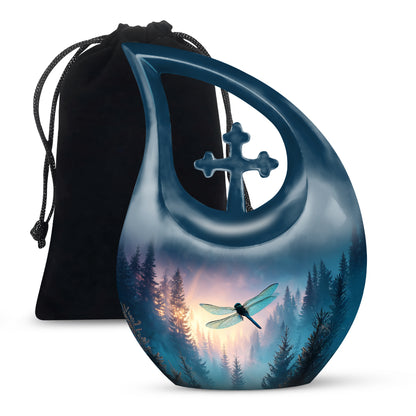 Powder Blue Dragonfly Cremation Urn top-down view of secure threaded lid - sacred cross merged with dragonfly motif on metal - full-size 10 inch 200 cubic inch adult cremation urn