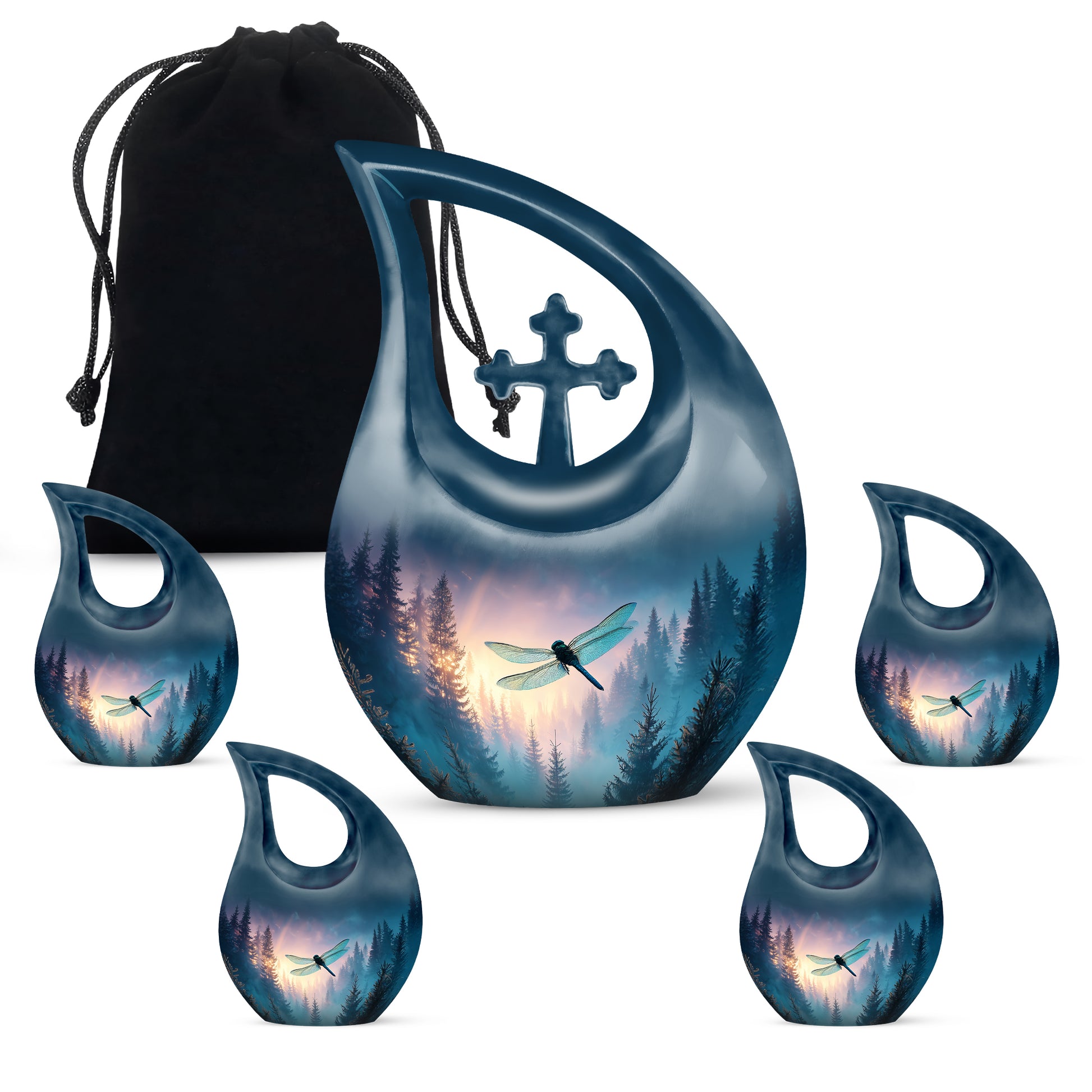 Steel Blue Dragonfly Cremation Urn urn with complimentary velvet bag - faith-inspired cross-drop urn with dragonfly pattern - memorial set with one large and four small urns
