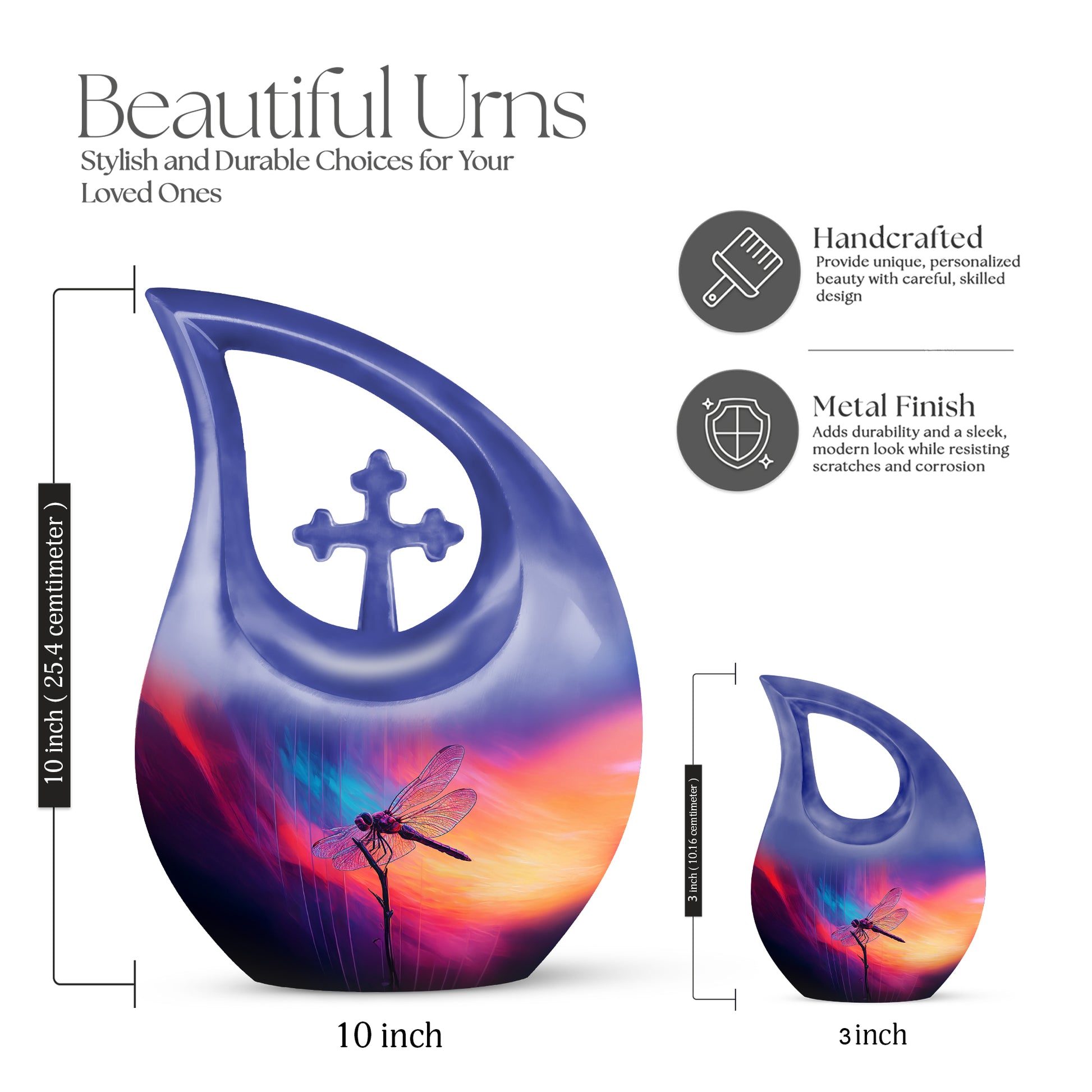 Steel Blue Dragonfly Cremation Urn back view with polished surface - faith-inspired cross-drop urn with dragonfly pattern - mini keepsake memorial for portion of cremation ashes