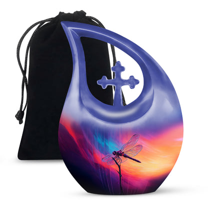 Soft Blue Dragonfly Cremation Urn top-down view of secure threaded lid - faith-inspired cross-drop urn with dragonfly pattern - full-size 10 inch 200 cubic inch adult cremation urn