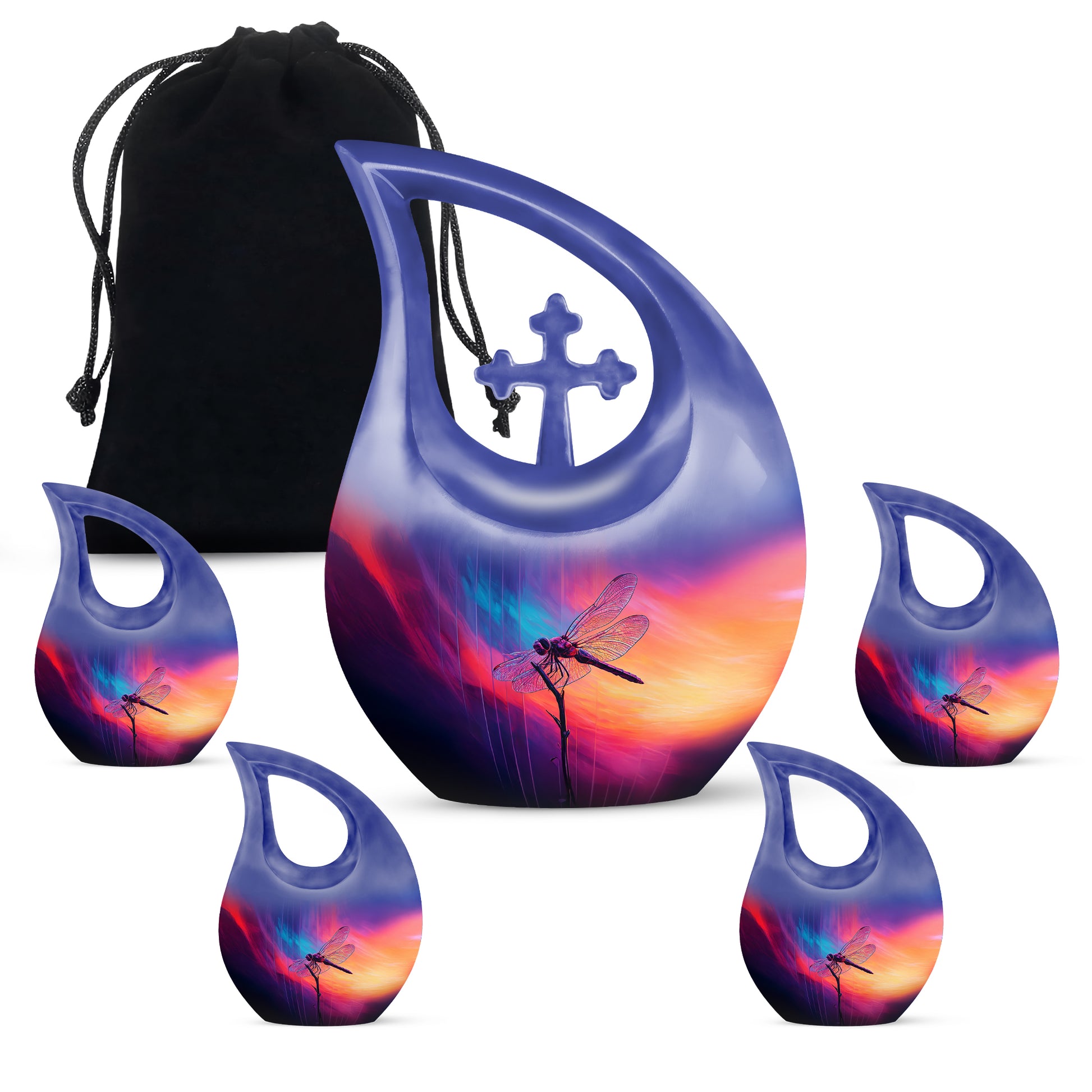 Serene Blue Dragonfly Cremation Urn urn with complimentary velvet bag - faith-inspired cross-drop urn with dragonfly pattern - memorial set with one large and four small urns