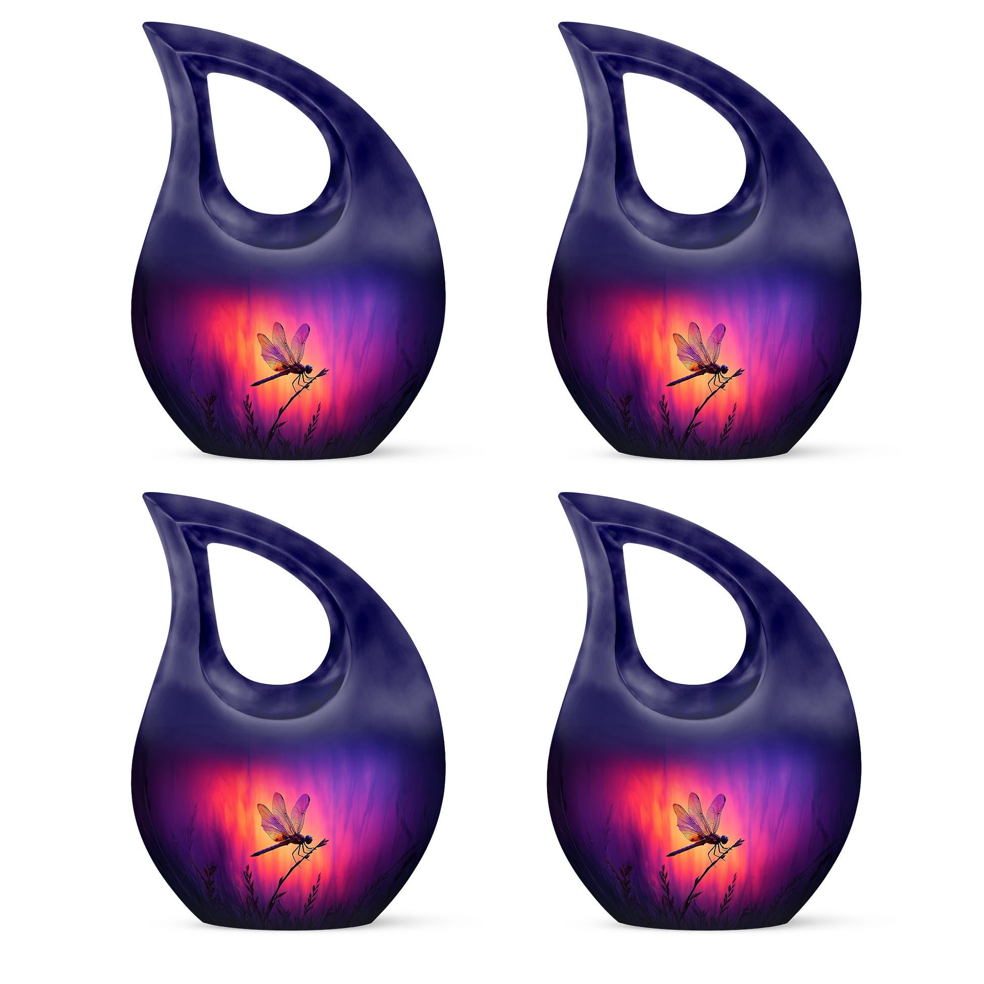 Grape Purple Dragonfly Cremation Urn lifestyle display on memorial shelf - devotional cross-drop dragonfly engraving - 10 inch aluminum urn for cremated remains