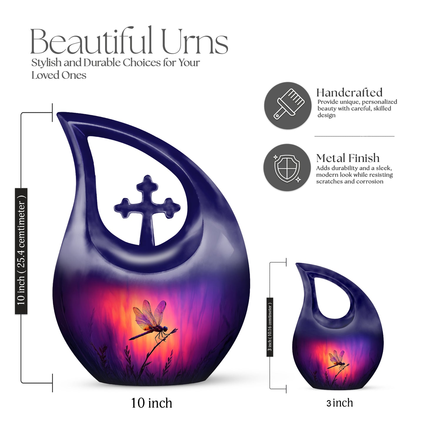 Majestic Purple Dragonfly Cremation Urn back view with polished surface - sacred cross merged with dragonfly motif on metal - mini keepsake memorial for portion of cremation ashes