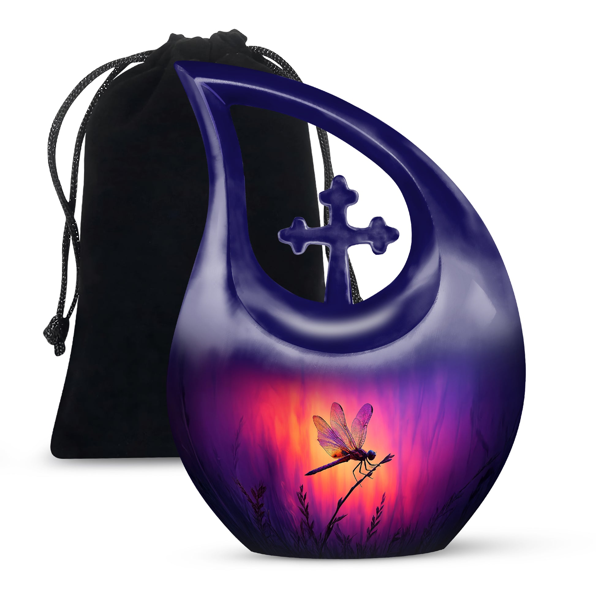 Twilight Purple Dragonfly Cremation Urn top-down view of secure threaded lid - devotional cross-drop dragonfly engraving - full-size 10 inch 200 cubic inch adult cremation urn