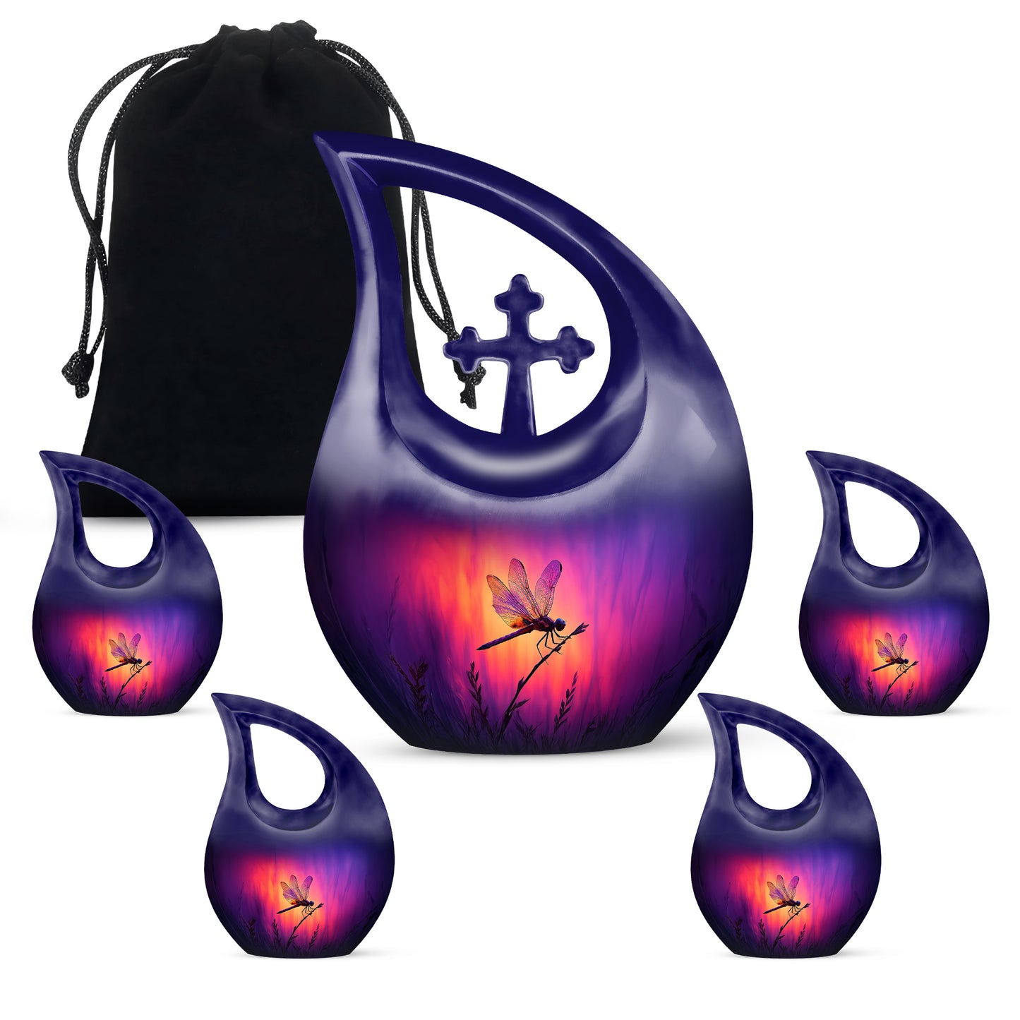 Grape Purple Dragonfly Cremation Urn urn with complimentary velvet bag - devotional cross-drop dragonfly engraving - memorial set with one large and four small urns