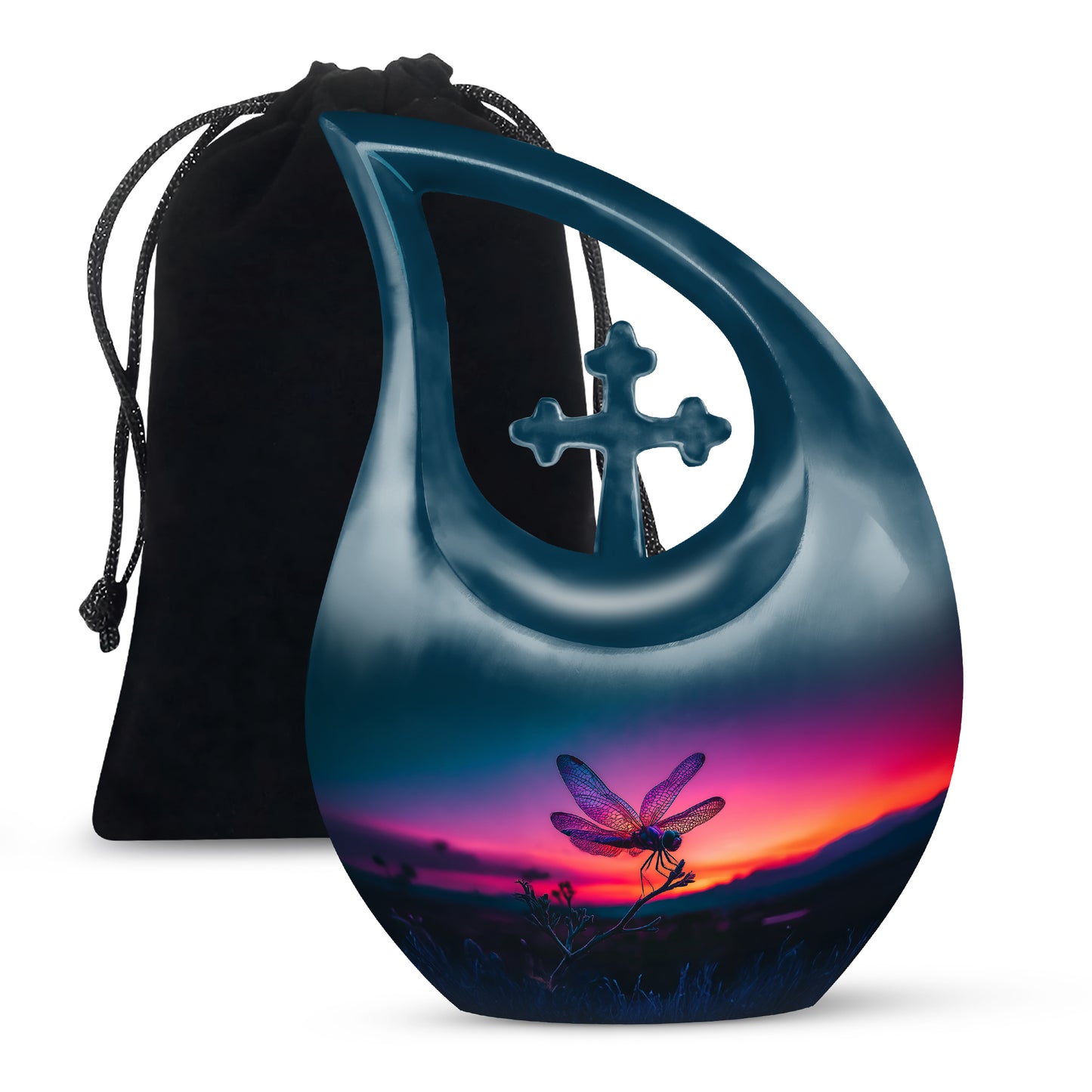 Sky Blue Dragonfly Cremation Urn top-down view of secure threaded lid - cross and dragonfly combined in spiritual memorial design - full-size 10 inch 200 cubic inch adult cremation urn