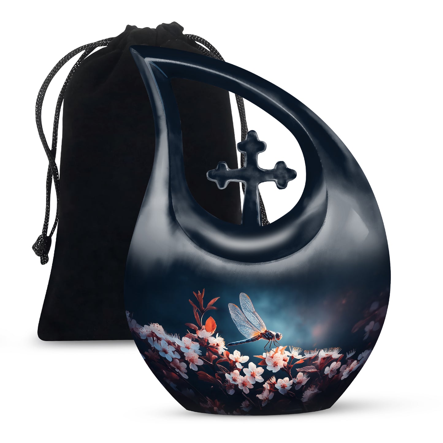 Sapphire Blue Dragonfly Cremation Urn top-down view of secure threaded lid - faith-inspired cross-drop urn with dragonfly pattern - full-size 10 inch 200 cubic inch adult cremation urn