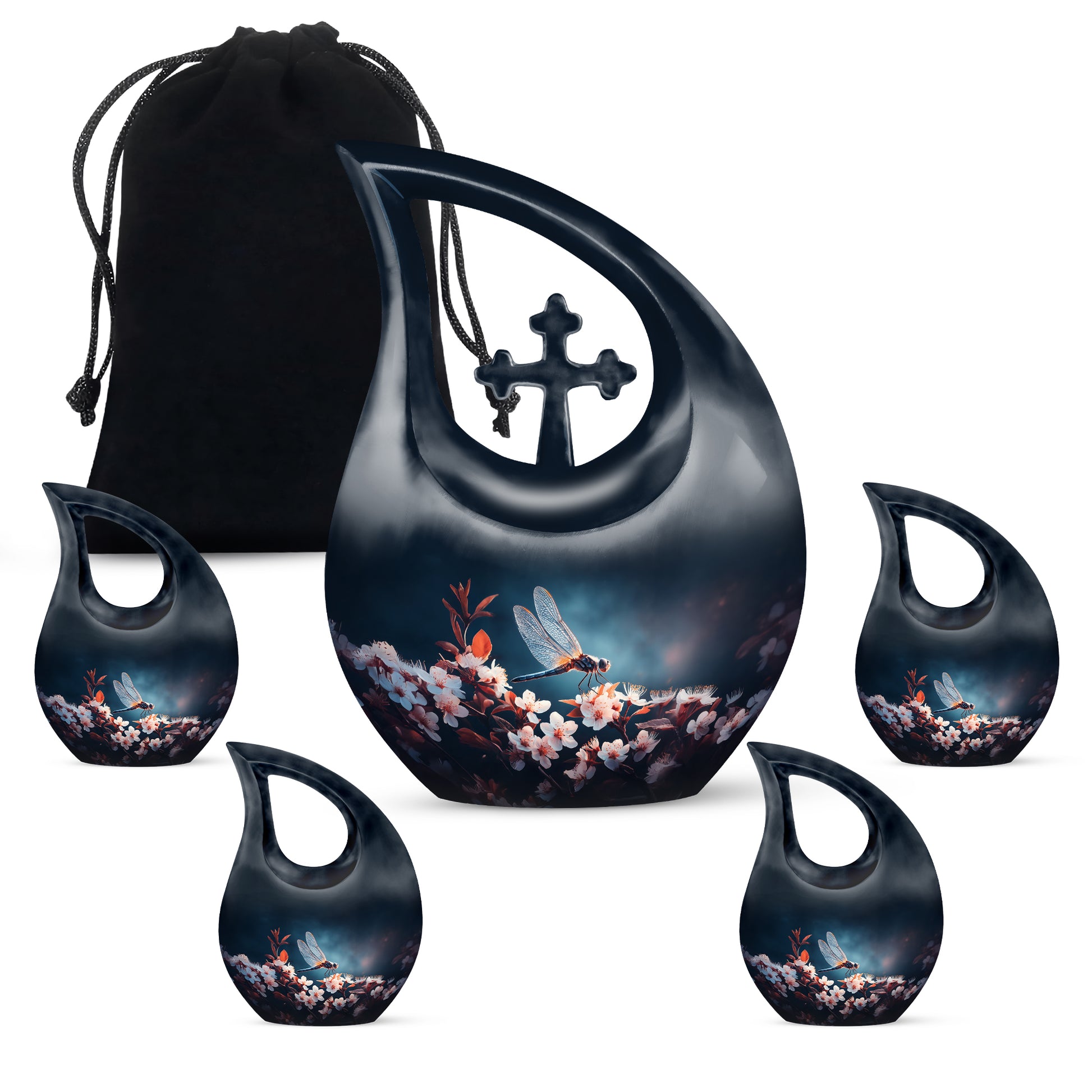 Vivid Blue Dragonfly Cremation Urn urn with complimentary velvet bag - devotional cross-drop dragonfly engraving - memorial set with one large and four small urns
