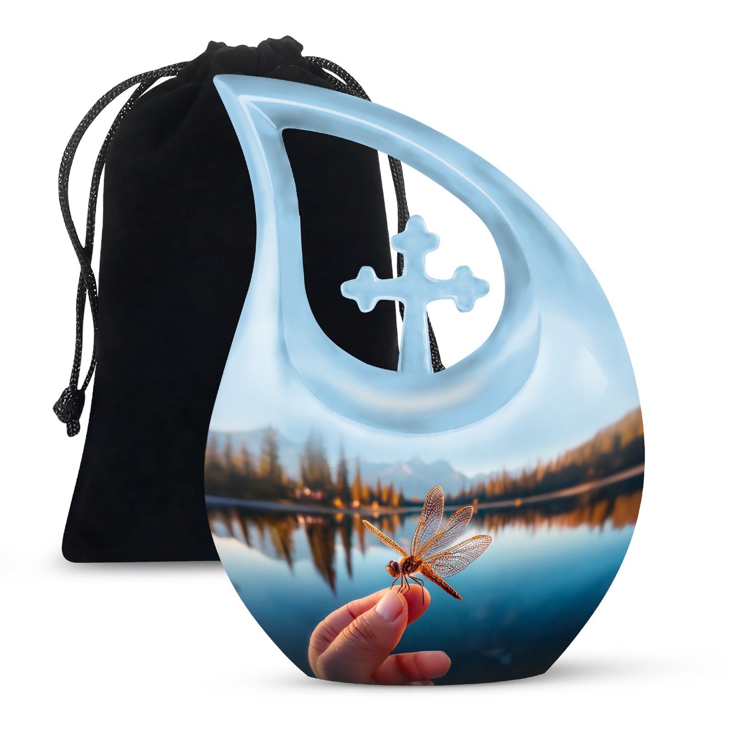 Cobalt Blue Dragonfly Cremation Urn top-down view of secure threaded lid - devotional cross-drop dragonfly engraving - full-size 10 inch 200 cubic inch adult cremation urn