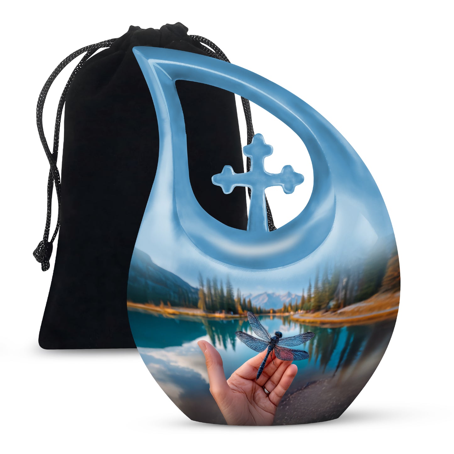 Steel Blue Dragonfly Cremation Urn top-down view of secure threaded lid - devotional cross-drop dragonfly engraving - full-size 10 inch 200 cubic inch adult cremation urn