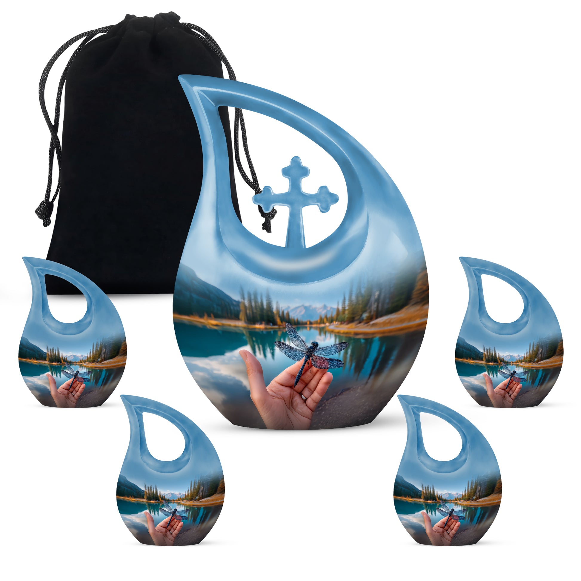 Navy Blue Dragonfly Cremation Urn urn with complimentary velvet bag - cross and dragonfly combined in spiritual memorial design - memorial set with one large and four small urns