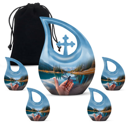 Navy Blue Dragonfly Cremation Urn urn with complimentary velvet bag - cross and dragonfly combined in spiritual memorial design - memorial set with one large and four small urns