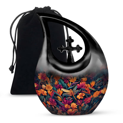 Steel Blue Dragonfly Cremation Urn top-down view of secure threaded lid - faith-inspired cross-drop urn with dragonfly pattern - full-size 10 inch 200 cubic inch adult cremation urn