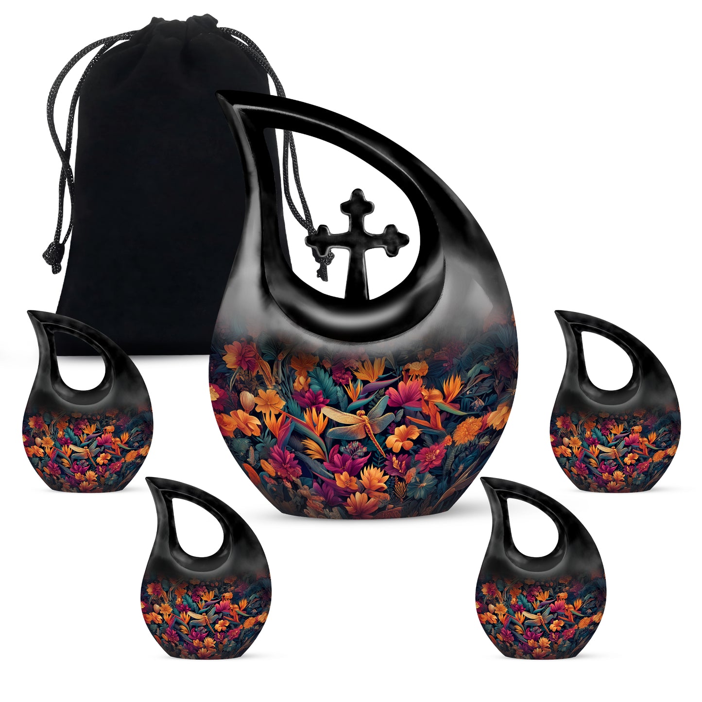 Navy Blue Dragonfly Cremation Urn urn with complimentary velvet bag - cross and dragonfly combined in spiritual memorial design - memorial set with one large and four small urns