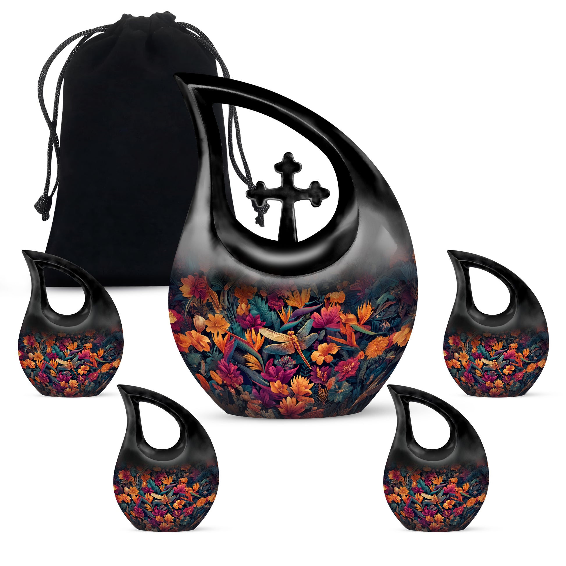 Navy Blue Dragonfly Cremation Urn urn with complimentary velvet bag - cross and dragonfly combined in spiritual memorial design - memorial set with one large and four small urns