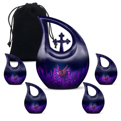 Serene Blue Dragonfly Cremation Urn urn with complimentary velvet bag - devotional cross-drop dragonfly engraving - memorial set with one large and four small urns