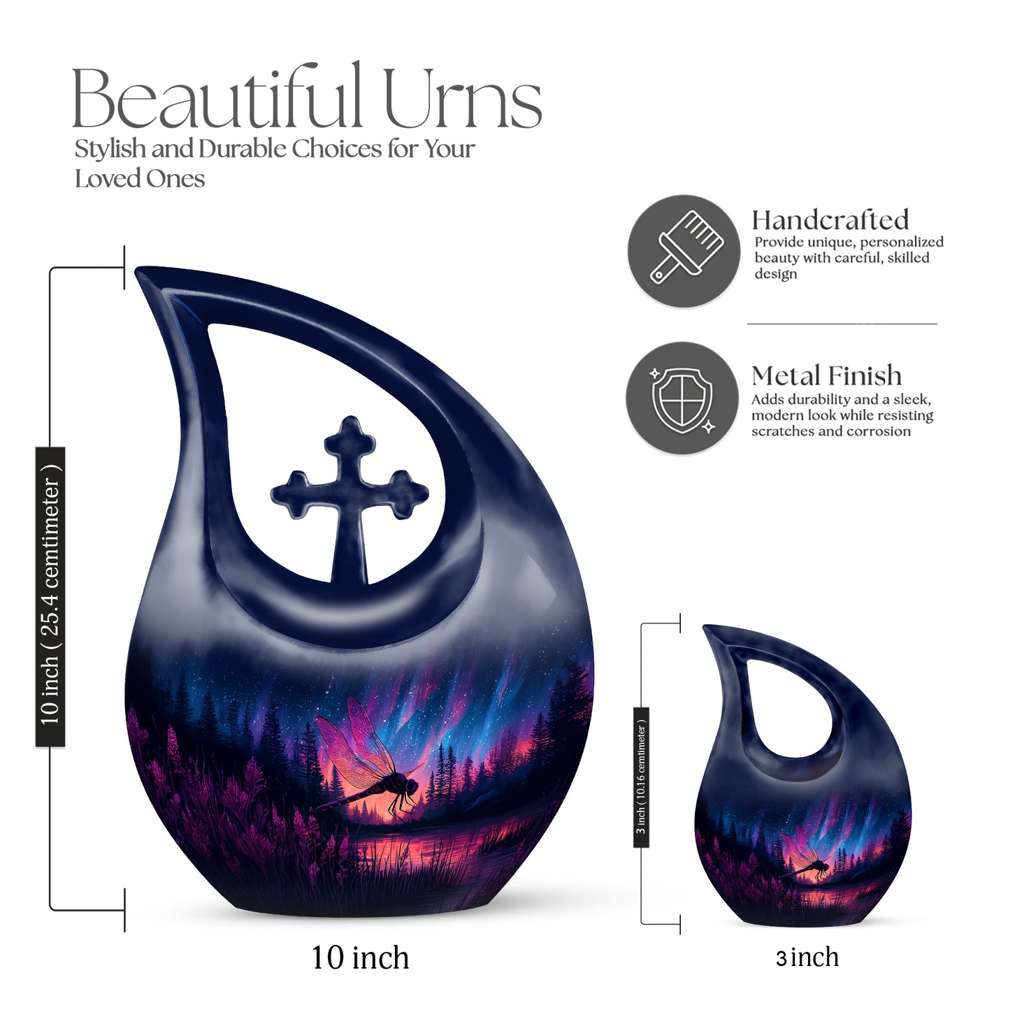 Steel Blue Dragonfly Cremation Urn back view with polished surface - faith-inspired cross-drop urn with dragonfly pattern - mini keepsake memorial for portion of cremation ashes