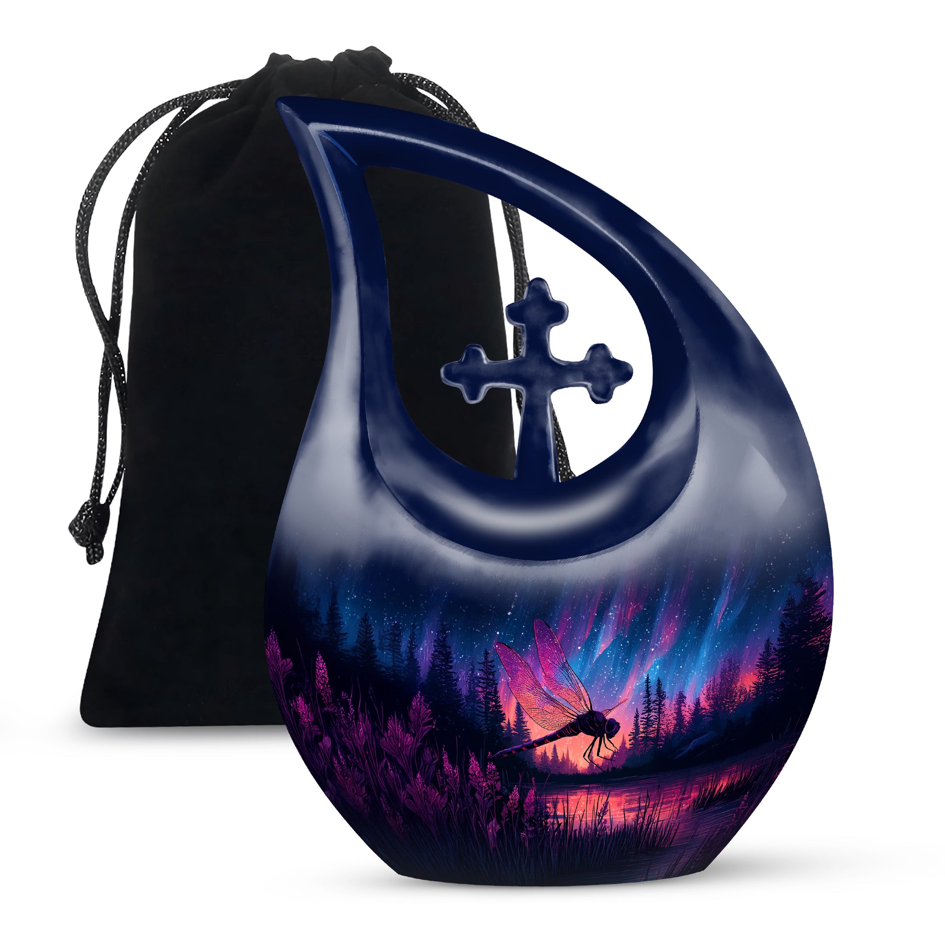 Sky Blue Dragonfly Cremation Urn top-down view of secure threaded lid - cross and dragonfly combined in spiritual memorial design - full-size 10 inch 200 cubic inch adult cremation urn