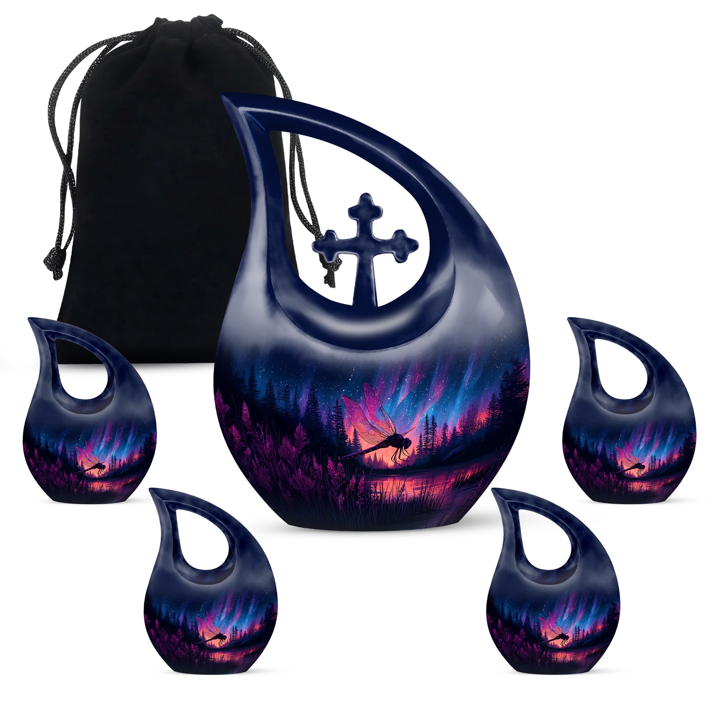 Royal Blue Dragonfly Cremation Urn urn with complimentary velvet bag - faith-inspired cross-drop urn with dragonfly pattern - memorial set with one large and four small urns