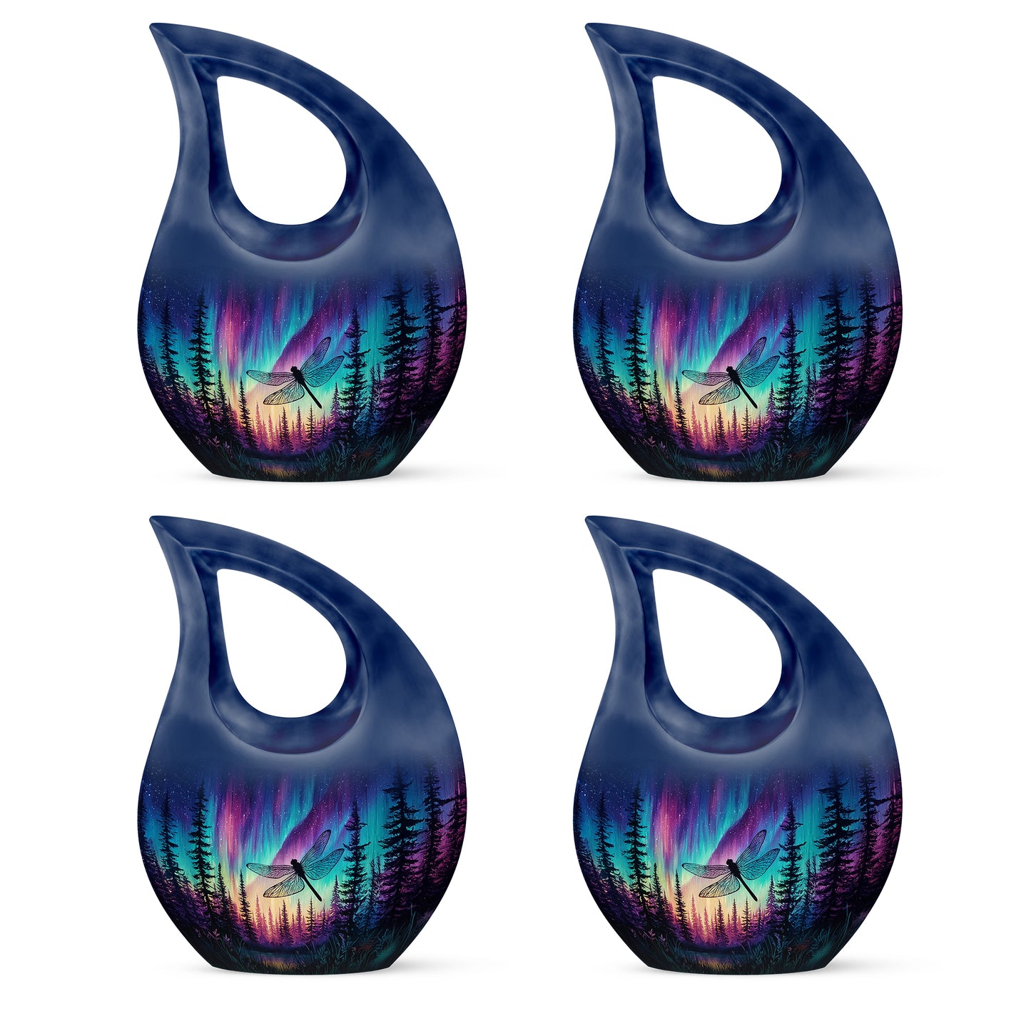 Misty Blue Dragonfly Cremation Urn lifestyle display on memorial shelf - sacred cross merged with dragonfly motif on metal - 10 inch aluminum urn for cremated remains